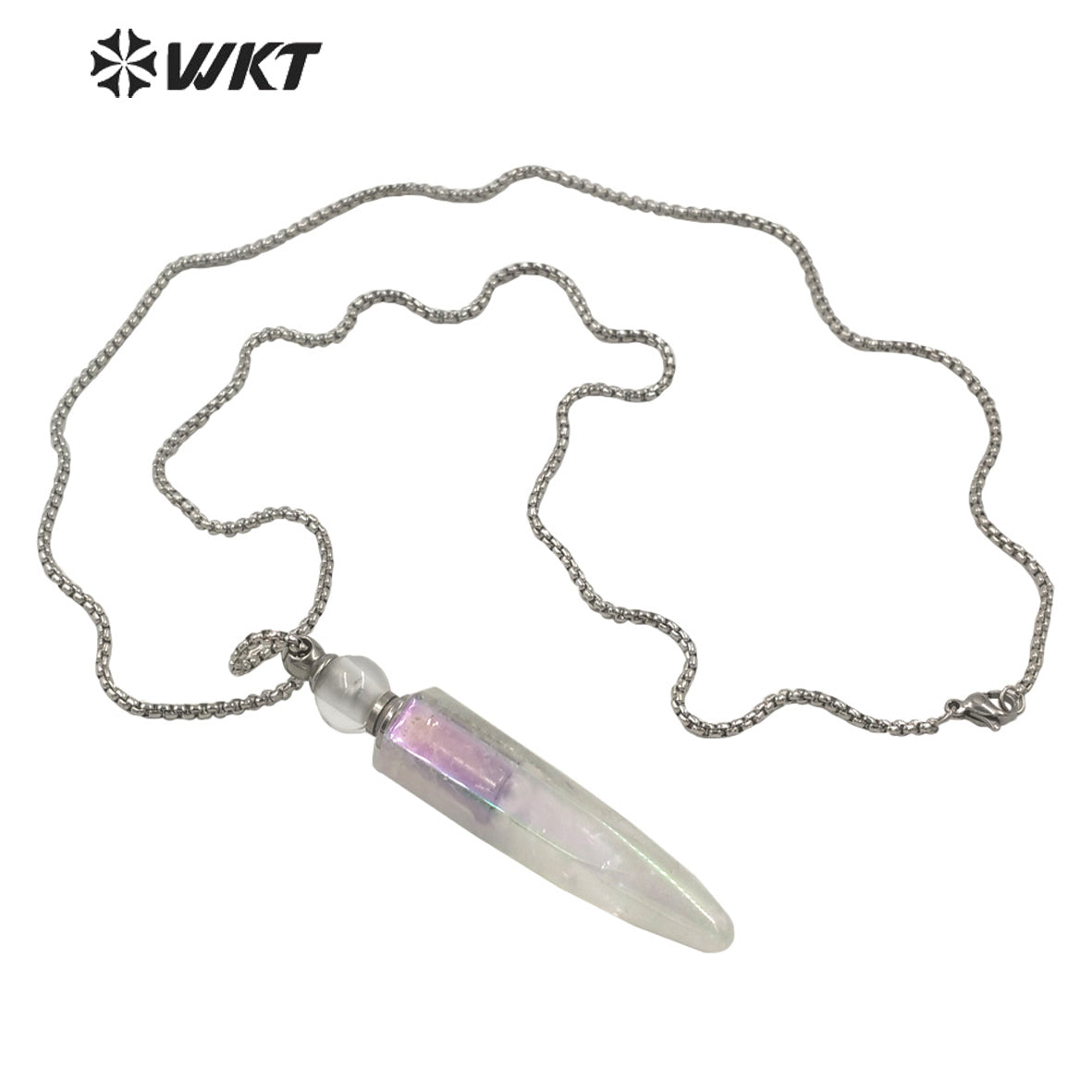 WT-N1259 Steel Amazing Natural Aura Crystal Quartz Point Perfume Bottle Necklace Unisex Aura Spirit Quartz Stone Perfume Bottle