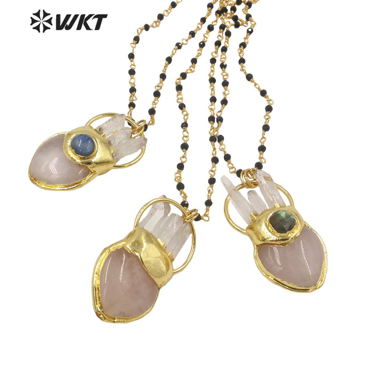 WT-N1348 WKT 2022 Fashion 18k Real Gold Plated Rose Quartz Heart Statement Necklace Women Big Natural Stone Pendant Necklace