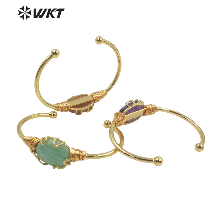 WT-B644 WKT Lovely Fashion Design Trendy Gift for Women Gemstone 18k Plating C Shaped Natural Colorful Gemstone Bracelets