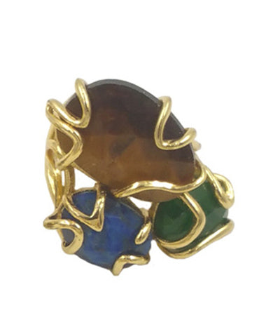 WT-R417 WKT NEW Design Gorgeous Triple Natural Gemstone Claw Setting Stone Ring Women Adjustable Precious Colorful Gold Ring