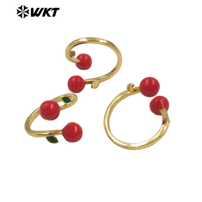 WT-RF010 Popular Sales Fruit Design 18K Gold Electroplated Cherry Ring Romantic Casual Style Women Daily Wearing Jewelry