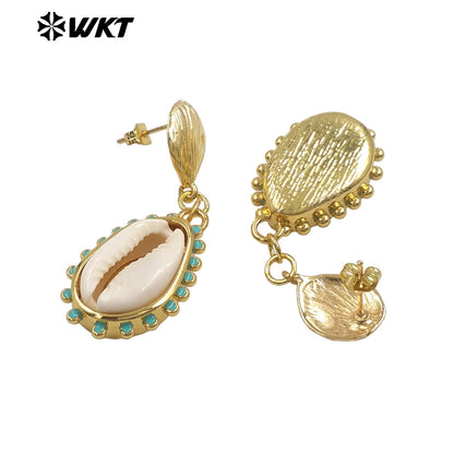 WT-MPE171 Hand Making Bohemian Style Gold Plated Natural Cowrie Shell Earrings For Women Beach Holidays Wearing Jewelry