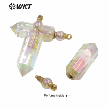 WT-P1614 Amazing Women Hot Sales Gold Angel Aura Spirit Quartz Perfume Bottle Pendant Hexagonal Shape Aura Stone Bottle Pendant