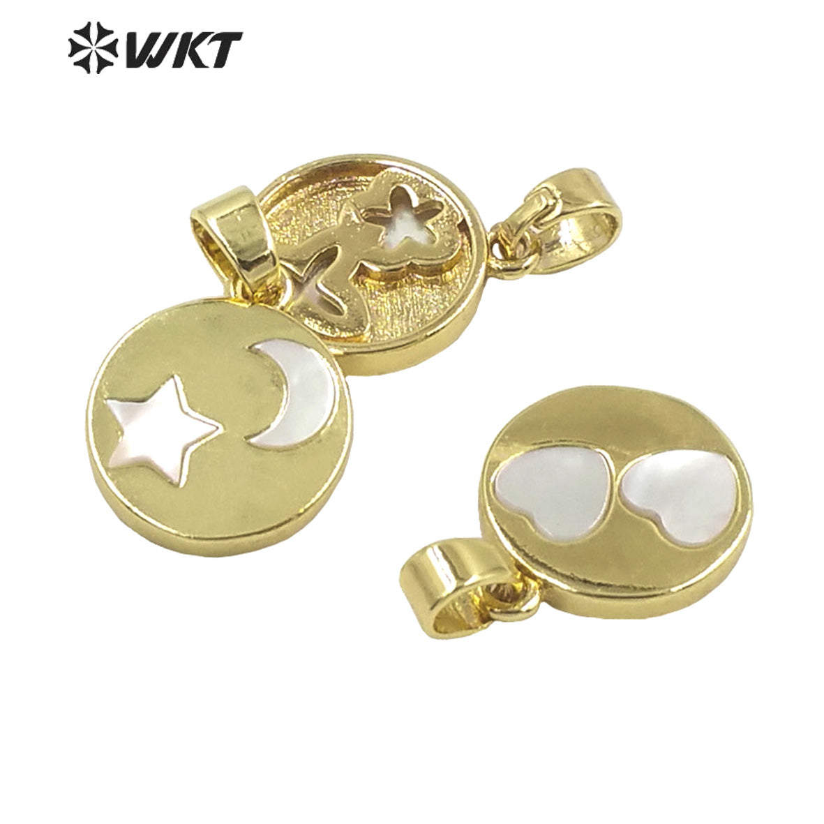 WT-JP325 Wholesale New Round Gold Bezel Shell Moon and Star Pendant Lovely Energy Heart Shell Charms for Friend Gift