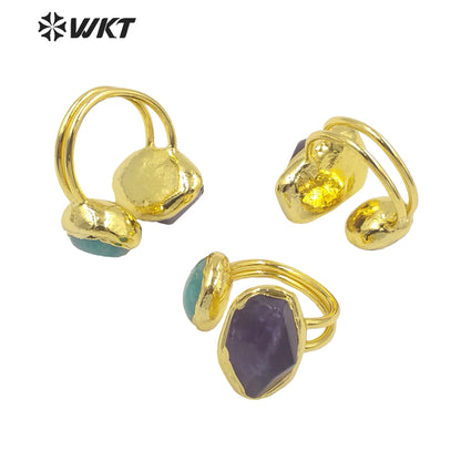 WT-R415 Charming Amethyst Amazonite Combination Ring Opening Adjustable Rings 18k Gold Plated Women Gifts Natural Stone Ring