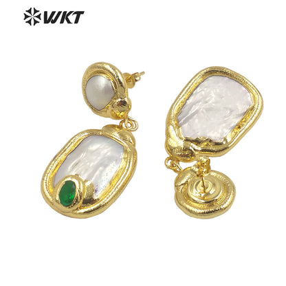 WT-MPE113 European and American Retro Exaggerated Inlaid with Natural Freshwater Pearl Pendant Earrings