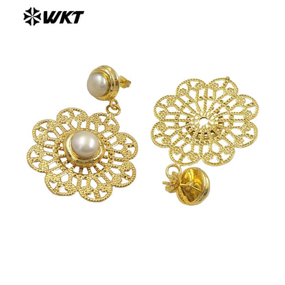 WT-E595 Wholesale Fashion Gold Plated Hollow Out Pearl Earring Women Charming Round Dangle Natural Pearl Earring