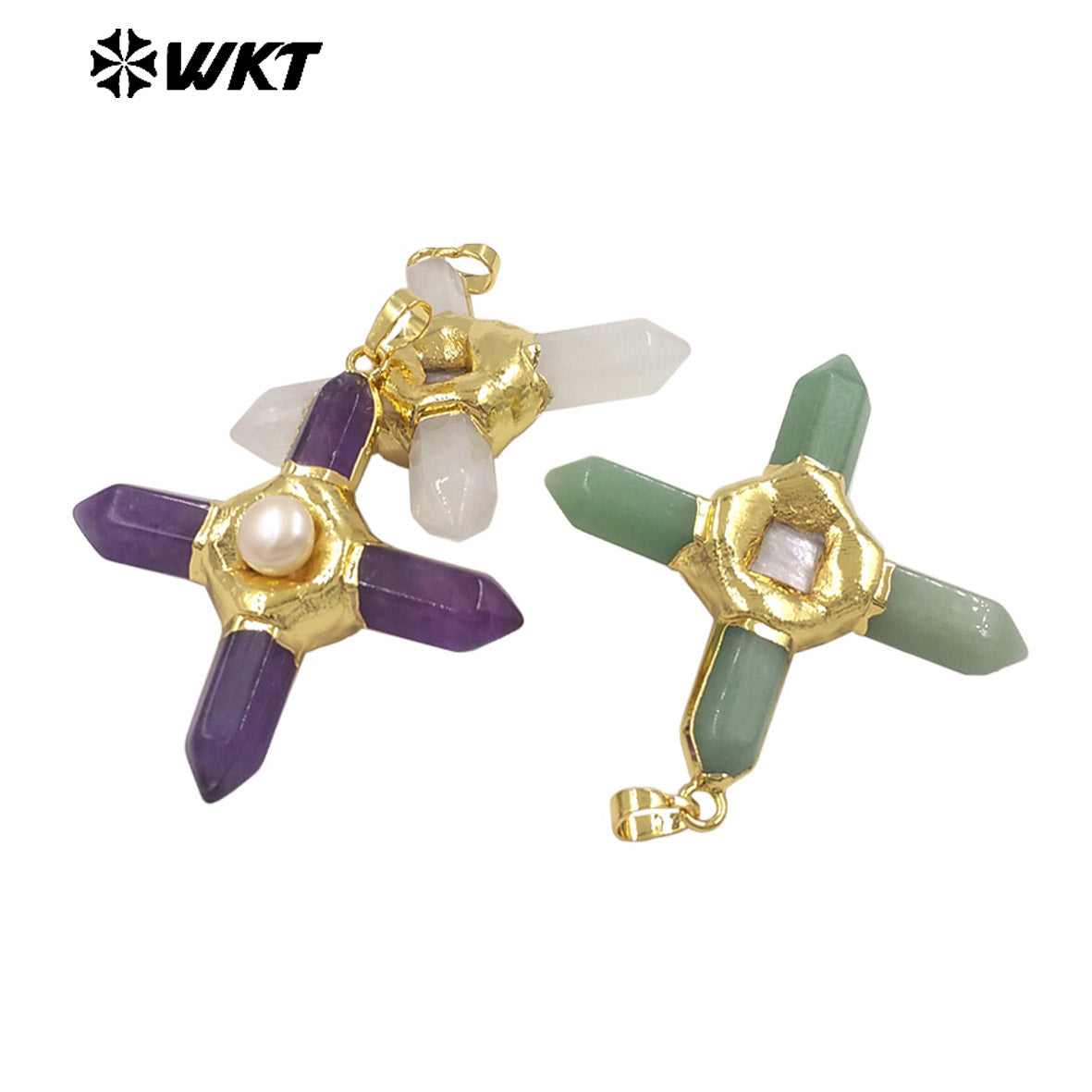 WT-P1967 Wholesale Fashion Gold Plated Cross Healing Energy Gemstone Point Anchor Pendants Special Rose Quartz Jewelry