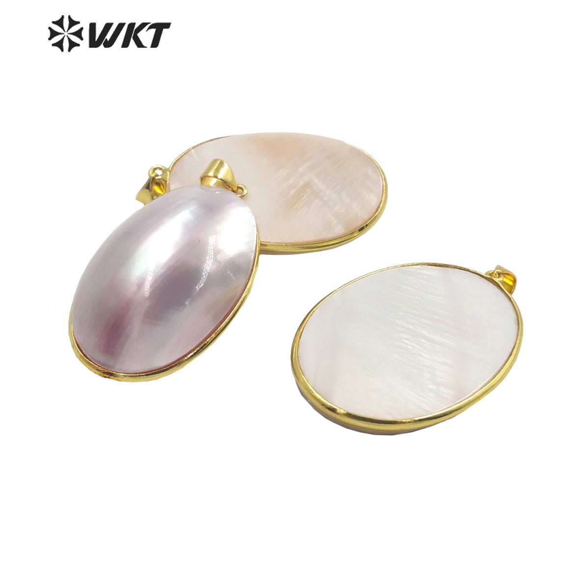 WT-JP338 Wholesale Fashion Gold Bezel Brightly Natural Mabe Shell Pendant Long Oval pink Shell Jewelry Pendant for Friend Gift