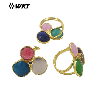 WT-R581 Fashion Lovely 18K Gold Plated Three Natural Cat Eye Stones Triangle Adjustable Women Rings For Anniversary Gift