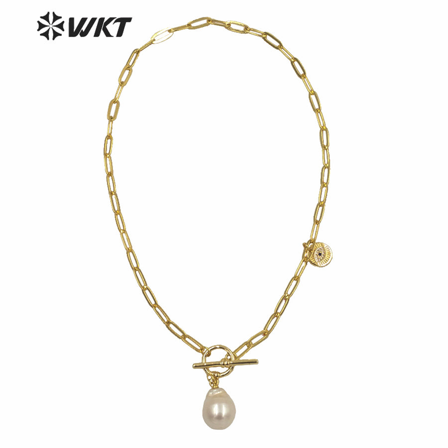 WT-JN129 WKT Wholesale Natural Freshwater Baroque Pearl Pendant Necklace Women Fashion Gold Brass Chain Casual Pearl Necklace