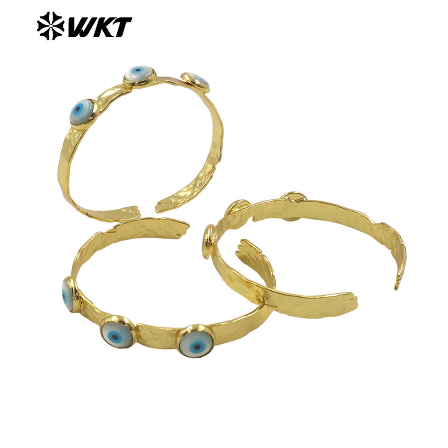 MPB113 Women Open Cuff Fashion Vintage Style Energy Religious Shell Turkey Eye Bangle for Women in 18K Real Gold Plated