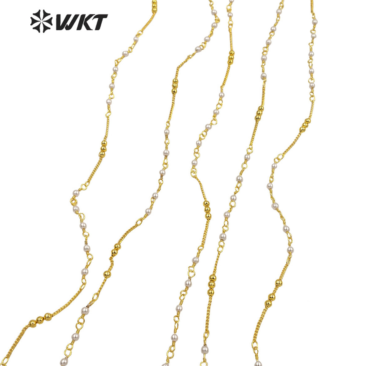 WT-RBC195 Amazing Handmade Gold Plated White Beads Chain Women DIY Jewelry Necklace Chain by Meter Tiny Brass Chain