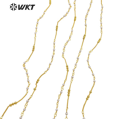 WT-RBC195 Amazing Handmade Gold Plated White Beads Chain Women DIY Jewelry Necklace Chain by Meter Tiny Brass Chain