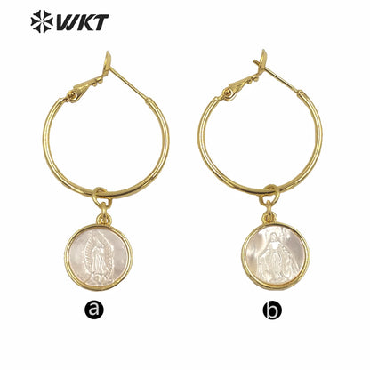 WT-MPE047 Amazing Fawshion Gold Religious Push Back Mary Pendant Earrings Women Big Round Clasp Earrings Virgin Shell Earrings