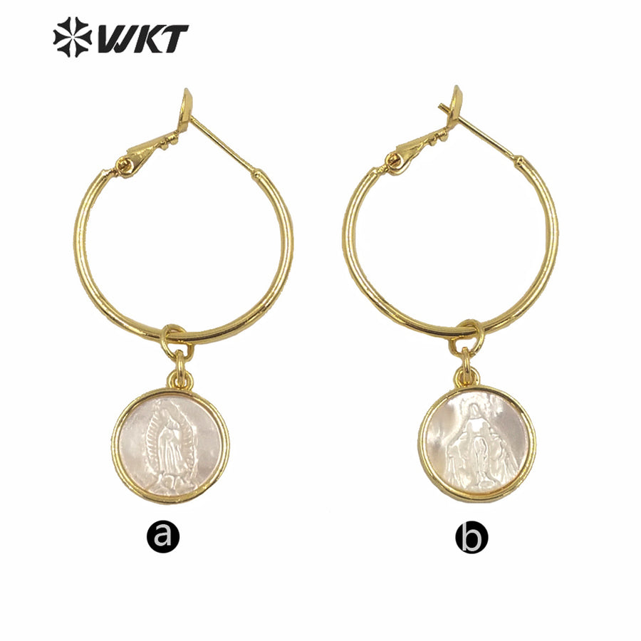 WT-MPE047 Amazing Fawshion Gold Religious Push Back Mary Pendant Earrings Women Big Round Clasp Earrings Virgin Shell Earrings