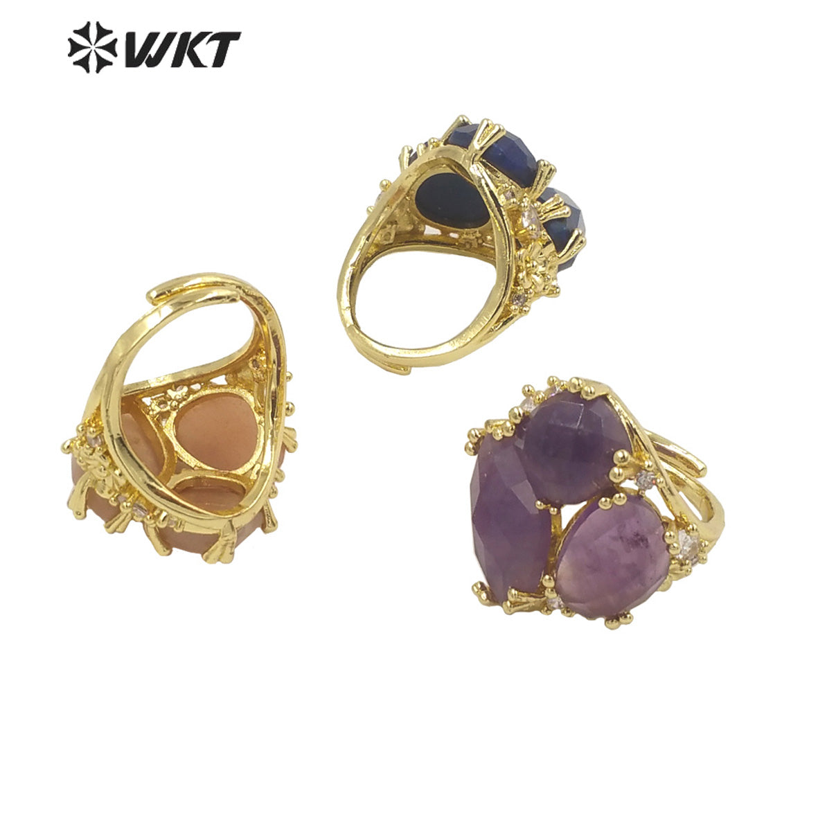 WT-R448 WKT Hot Design Triple Stone Ring for Women Party 18k Real Gold Plated Amethyst Precious Gemstone Ring for Birthday