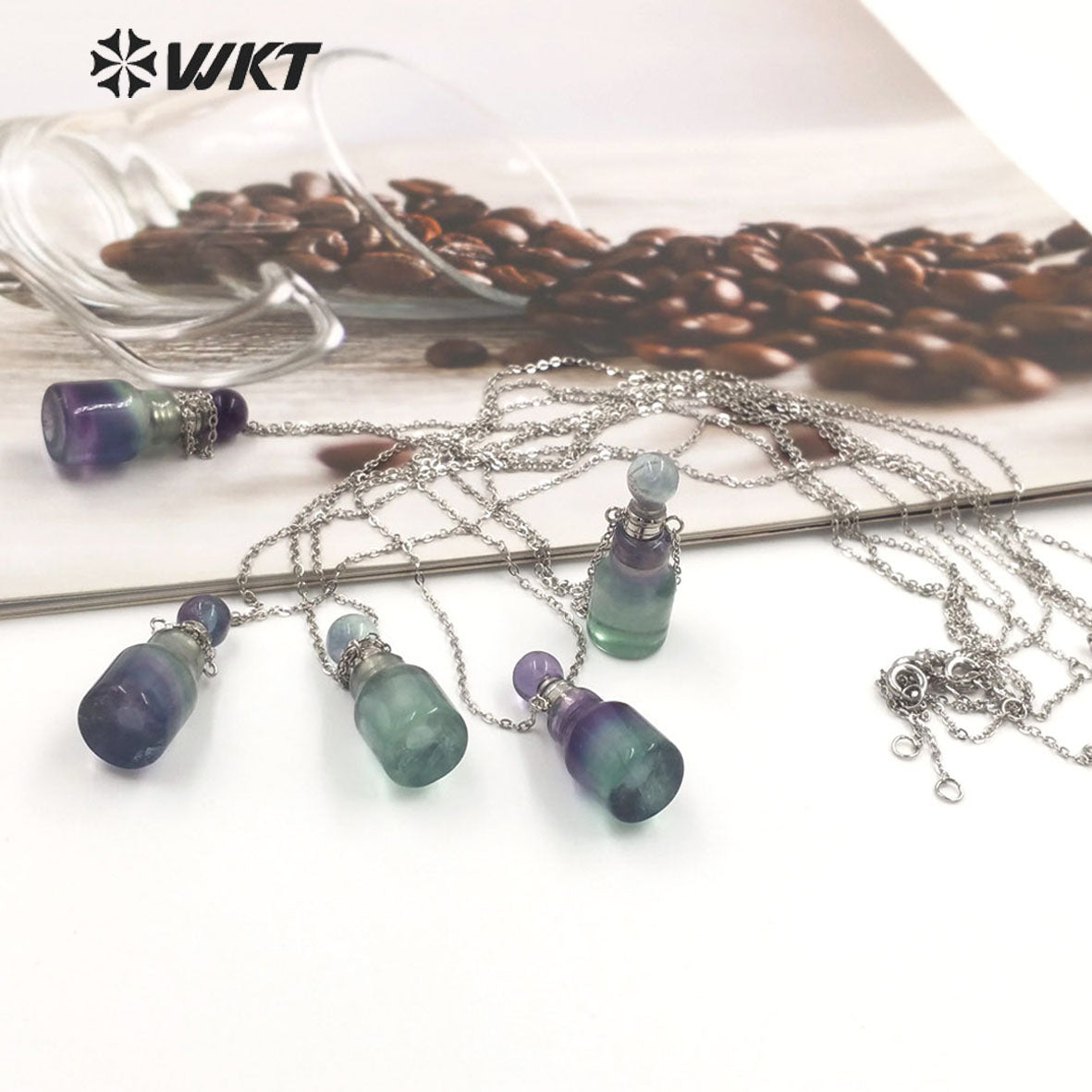 WT-N1455 Newest Fashion Gold Plated Natural Stone Made Rainbow Fluorite Perfume Bottle Necklace Girl Birthday Gift Jewelry