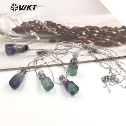 WT-N1455 Newest Fashion Gold Plated Natural Stone Made Rainbow Fluorite Perfume Bottle Necklace Girl Birthday Gift Jewelry