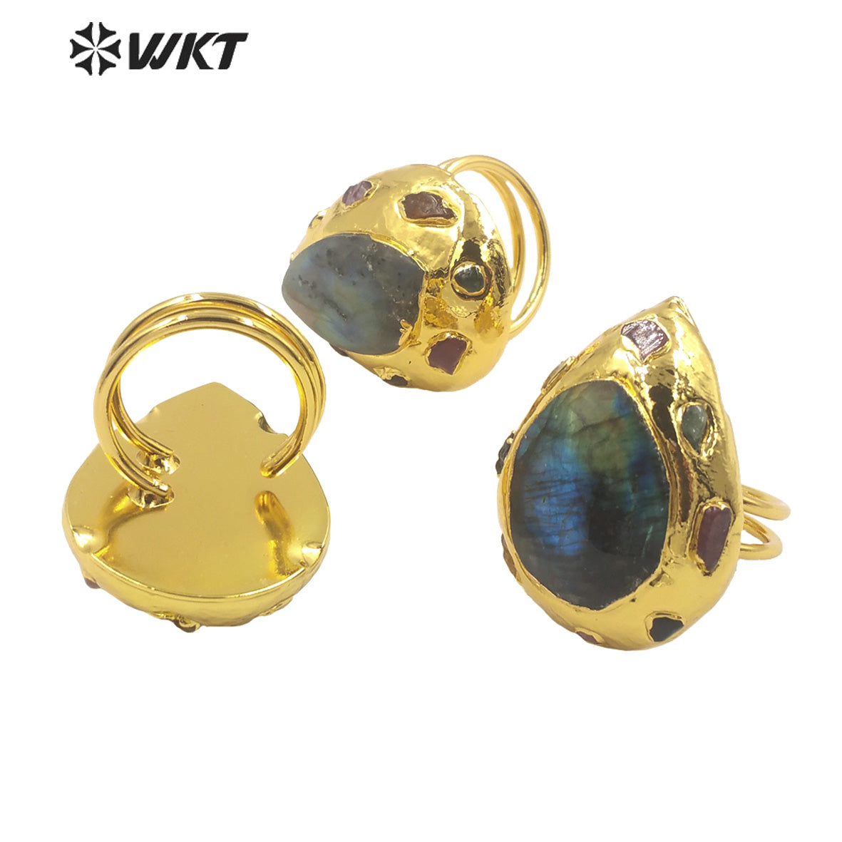 WT-R409 Europe and America Niche Design 18k Gold Plated Rings Labradorite Stone Rings Multi-Gemstone Set Natural Stone Rings