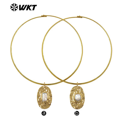 WT-JN394 Simple Vintage Style 18K Gold Plated Rectangle Round Natural Freshwater Pearl Pendant Necklace Choker As Lady Jewelry