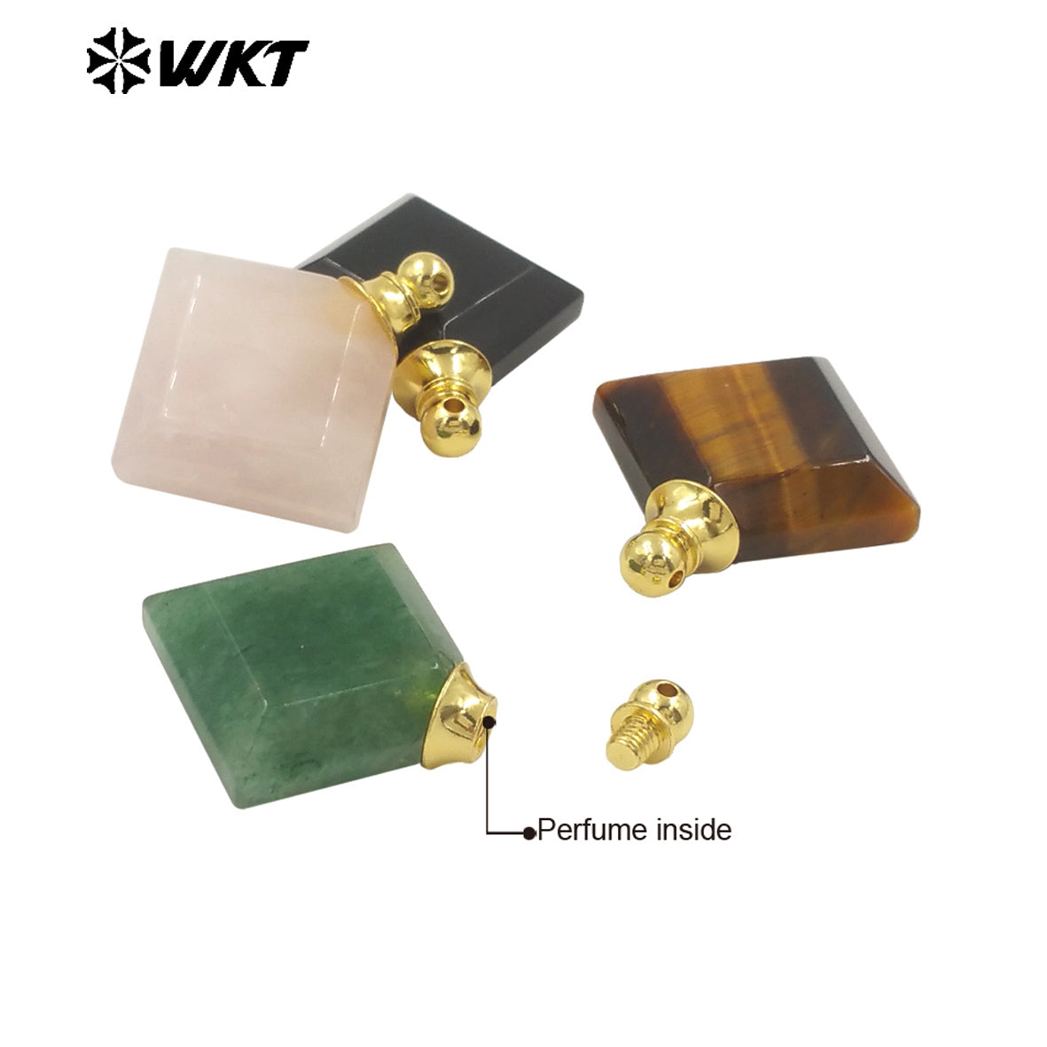 WT-P1980 Newest Fashion Gold Plated Diamond Shape Double Faceted Precious Gemstone Made Perfume Bottle Jewelry Pendants
