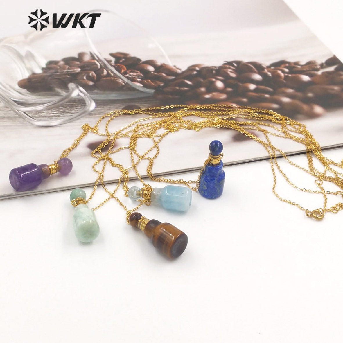 WT-N1454 WKT New Arrival Small Size Fashion Gold Gemstone Made Women Perfume Bottle for Jewelry Necklace Birthday Stone Gift