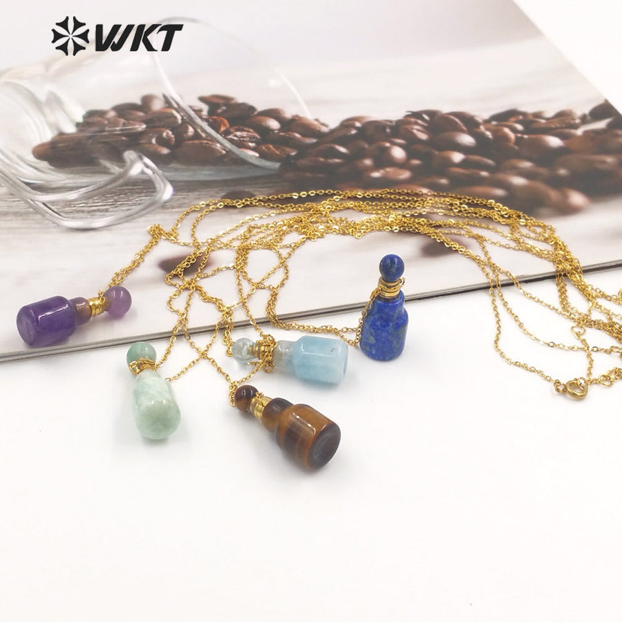 WT-N1454 WKT New Arrival Small Size Fashion Gold Gemstone Made Women Perfume Bottle for Jewelry Necklace Birthday Stone Gift
