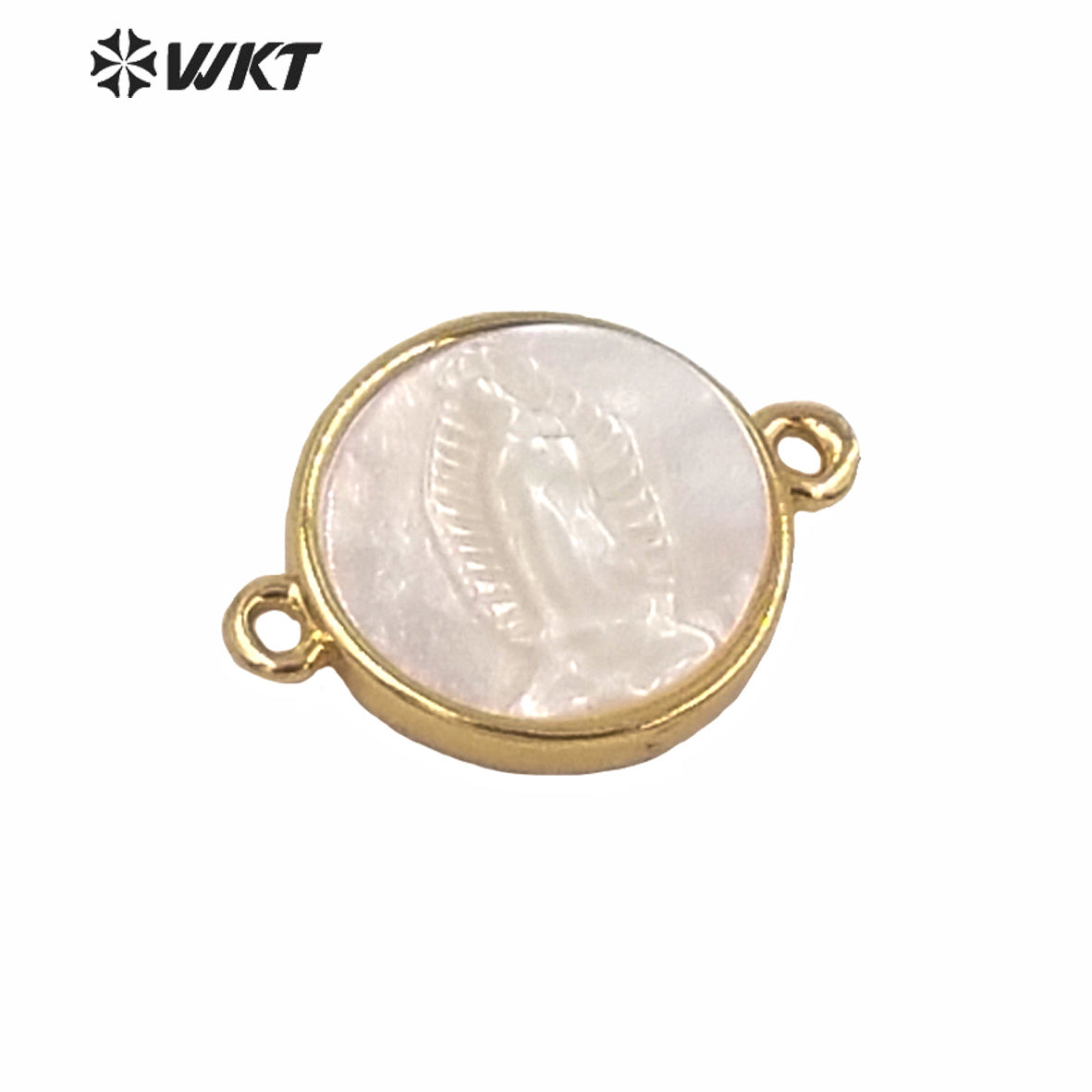 WT-MP169 Wholesale Gold Bezel MOP Jesus Mother Virgin Mary Pendant Gold Bezel Double Loops MOP Shell Mary Connectors Pendant