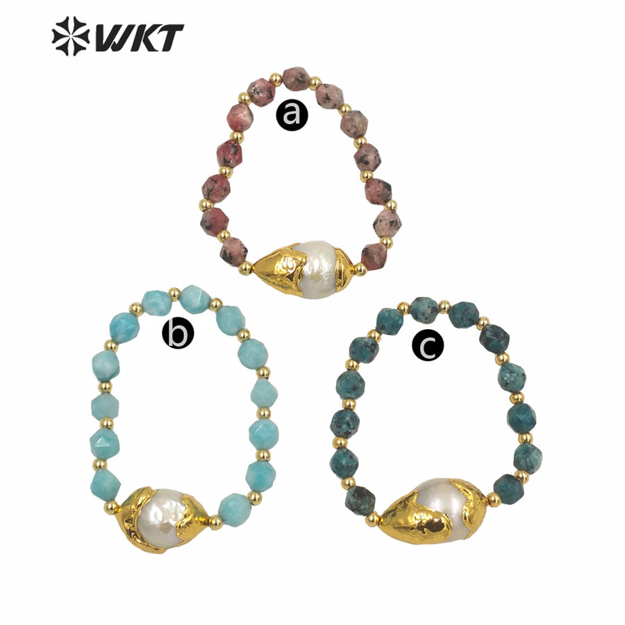 WT-MPB023 WKT Wholesale Precious Natural 8mm Stone Beads Pearl Charm Bracelet Women Flexible Stone Beads Bracelets