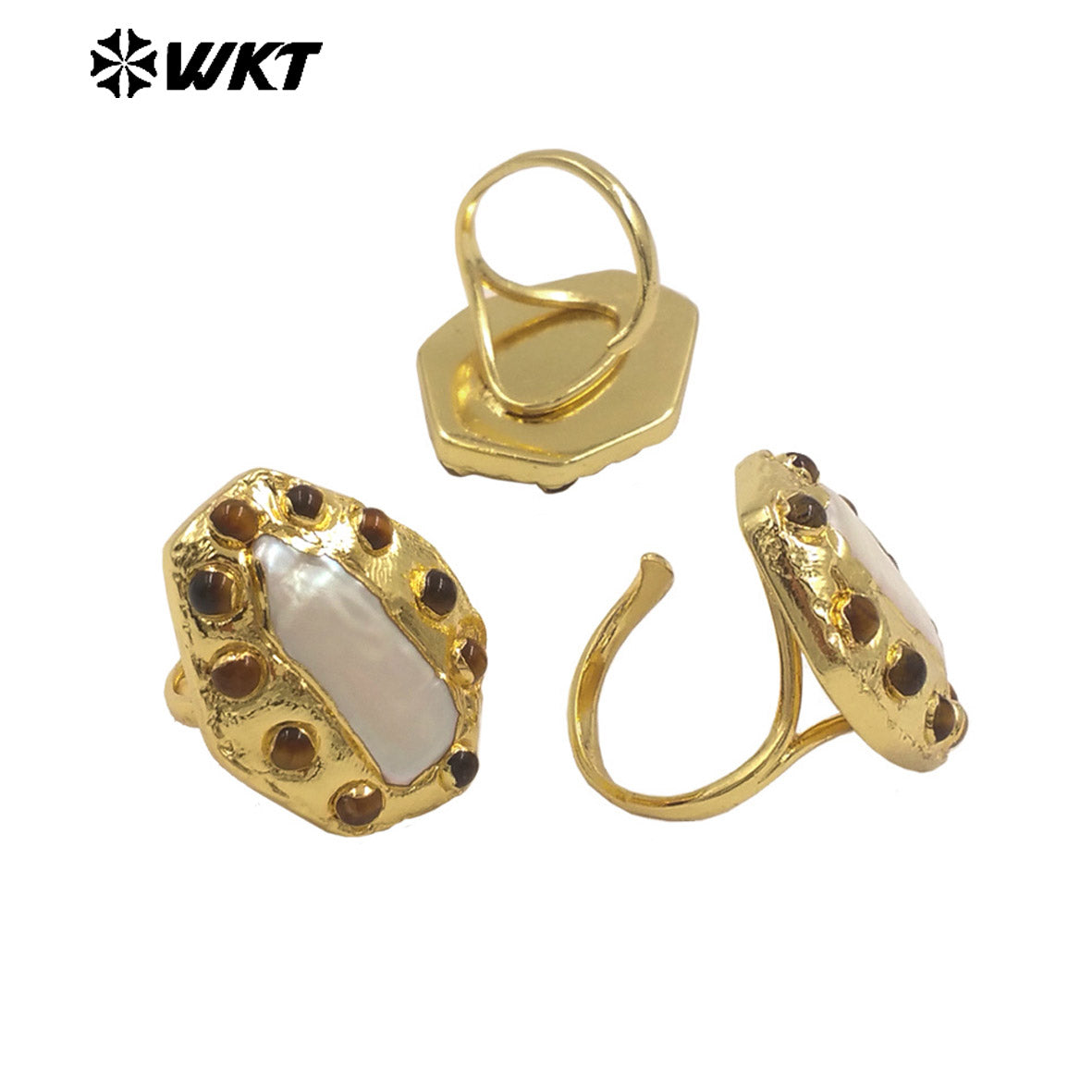 WT-MPR132 Wholesale Punk Style Ring 18K Gold Plated With Natural Stone and Pearl Handmade Daily Ring