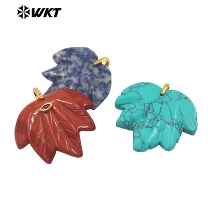 WT-P2136 Delicate Fashion Zircon And Natural Gemstones Carved Leaf Shape Gold Pendants For Lady Handmade Necklace Design