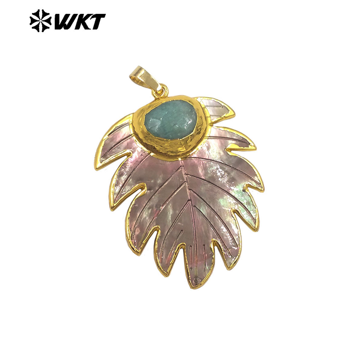 WT-JP472 High Quality Unique Gold Plated Natural Shell And Amazonite Stone Leaves Shape Pendant For Women Jewelry Decoration