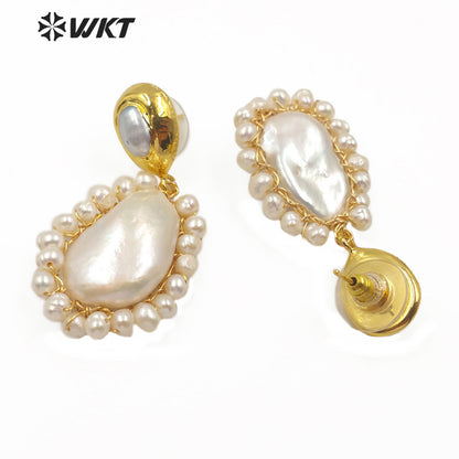 WT-MPE013 Elegant Drop Shape Pearl Earring Women Classic Wire Wrapped Natural Freshwater Pearl Dangle Earring