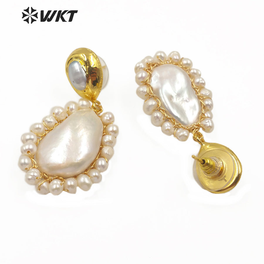 WT-MPE013 Elegant Drop Shape Pearl Earring Women Classic Wire Wrapped Natural Freshwater Pearl Dangle Earring