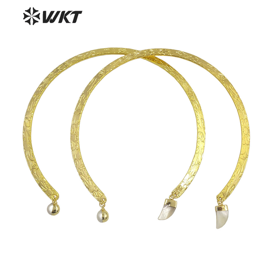 WT-JN205 Newest Fashion 18k Real Gold Plated Resist Tarnishable Cuff Necklace with Pearl Charms Vintage Metal Horn Necklace