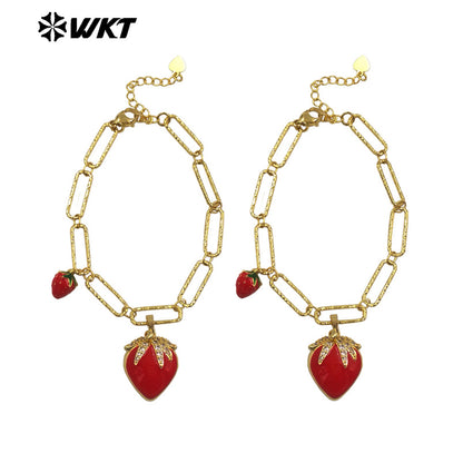 WT-JF366 High Quality Beautiful Ladies Double Strawberry Charms Gold Plated Rectangle Chain Bracelet Yellow Brass With Drop Oil