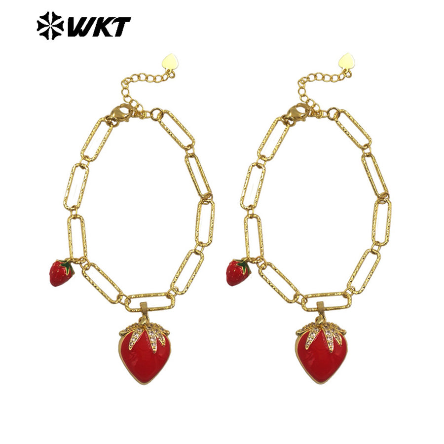 WT-JF366 High Quality Beautiful Ladies Double Strawberry Charms Gold Plated Rectangle Chain Bracelet Yellow Brass With Drop Oil
