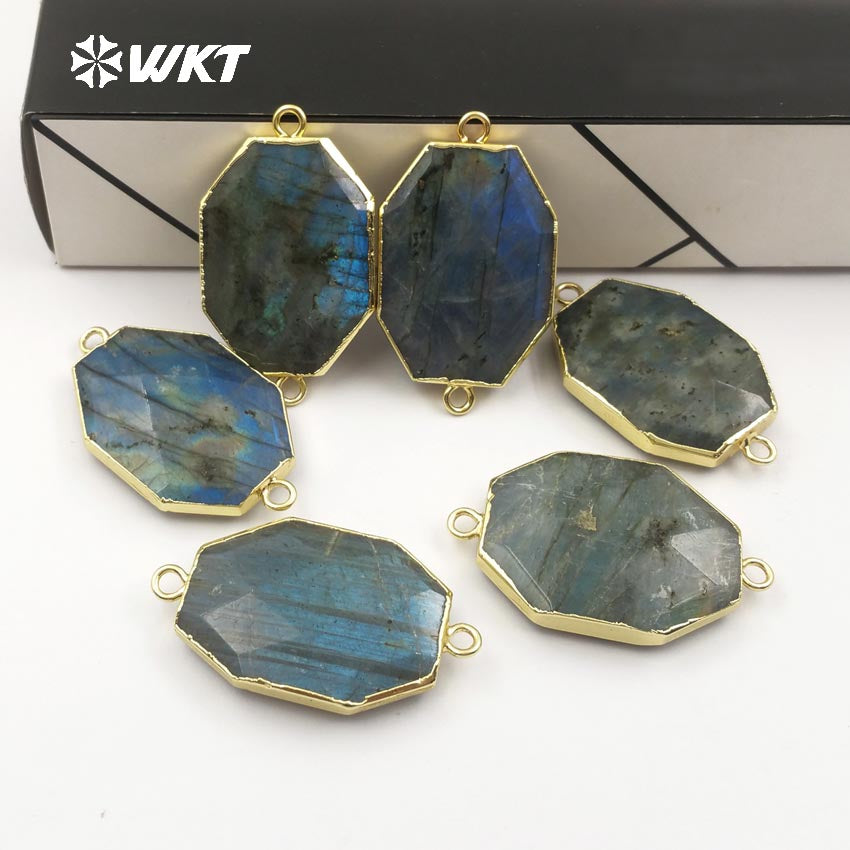 WT-C263 Sparkly Exquisite Polygon Shape Stone With Gold Trim Pendant for Vintage Jewelry Faceted Labradorite Stone Connectors
