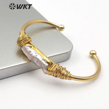 WT-B489 Natural Pearl Bangle Wire Wrapped Bangle Gold Bezel Irregular Pearl Bracelet Women Fashion Charm Bracelet Jewelry