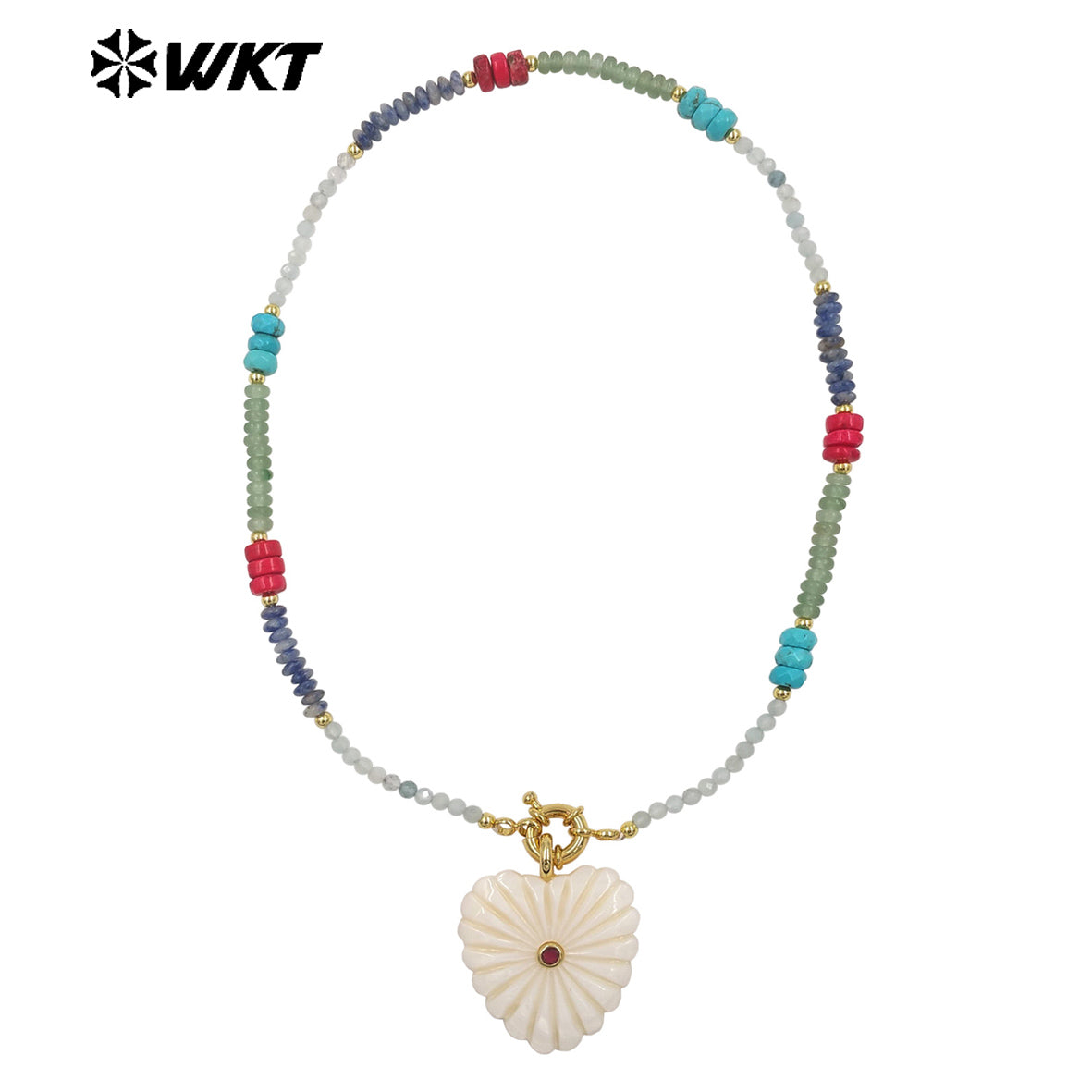 WT-JN404 Popular Fashion Style Natural Gemstone Beads Chain With White Shell Heart Pendants Necklaces For Girls Wearing