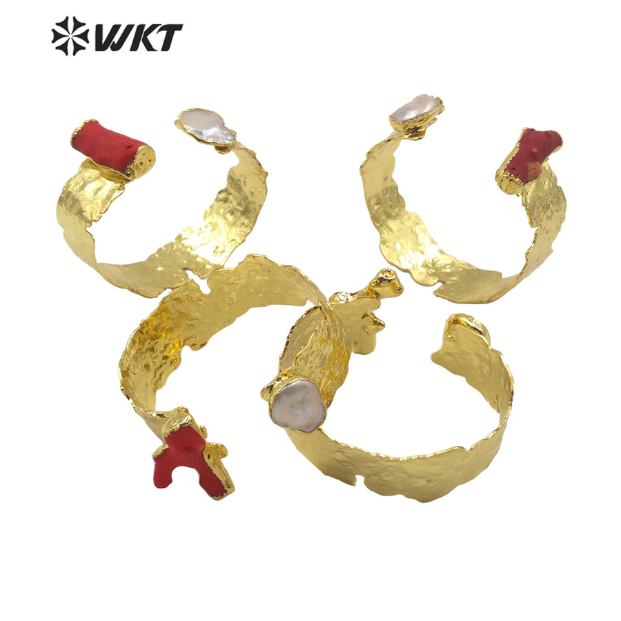 WT-B512 New 2020 Exclusive Hammer Gold Plated Bangle Women Loved Red Coral Bracelet Chic Vintage Bracelet in Gold