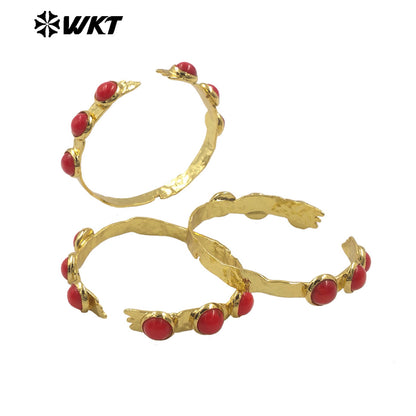 MPB111 WKT Stunning 18K Real Gold Plated Six Pieces Stone Bezel Setting Delicate Round Red Coral Bangle