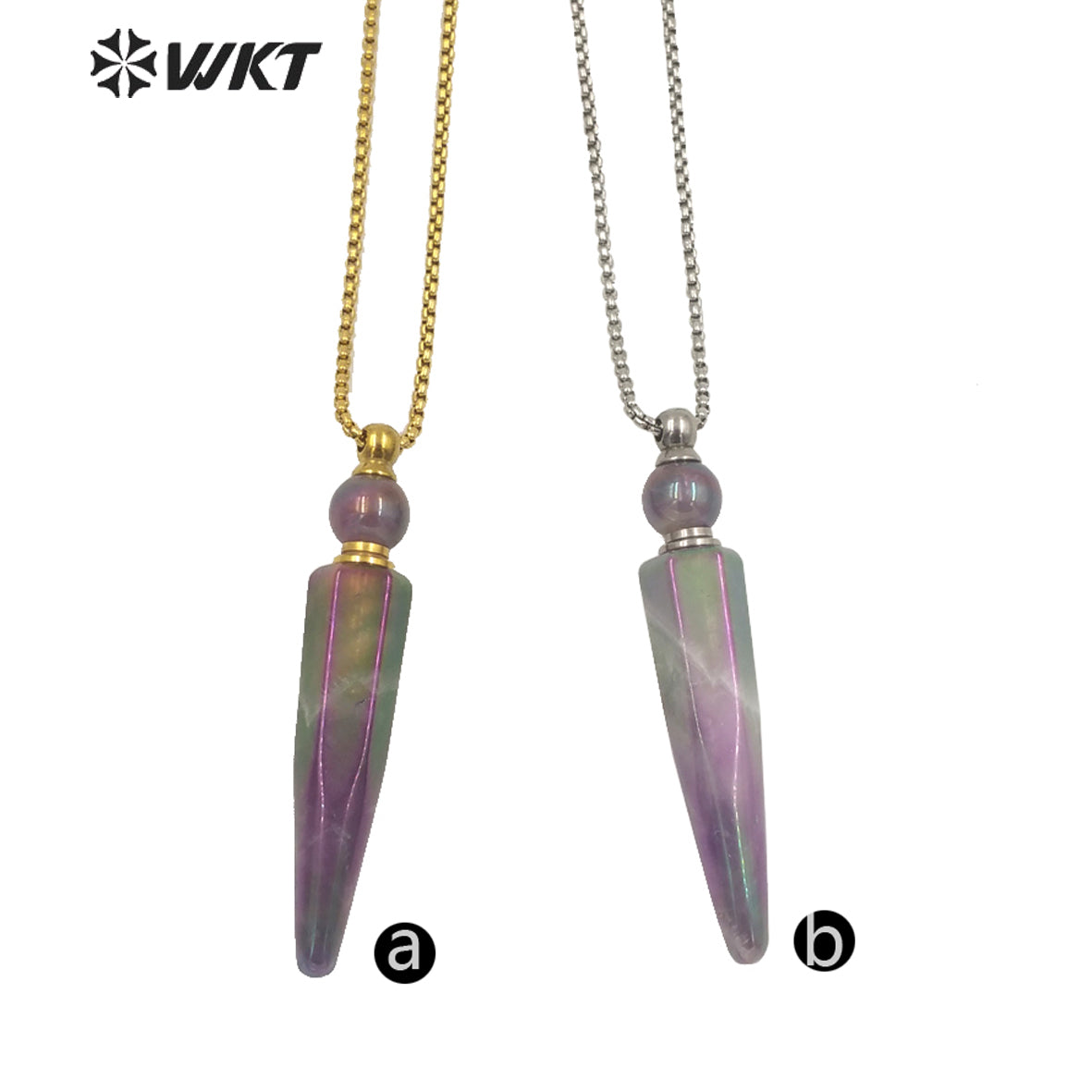 WT-N1282 Wholesale Long Bullet Shape Aura Amethyst Essencial Oil Necklace Lady Natural Stone Perfume Bottle Necklace