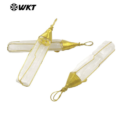 WT-P1986 Newest Fashion Gold Wire Wrapped Handmade Natural Raw White Selenite Pendants for Necklace Making