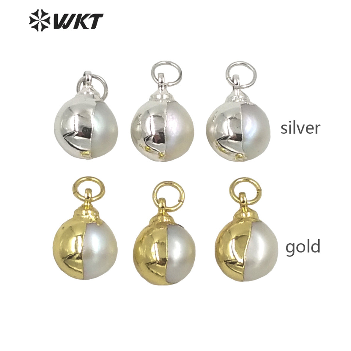 WT-JP250 WKT Secret Series Design Gorgeous Women Half Gold Electroplated Round Pearl Charm Pendant 10mm White Tiny Pearl Pendant