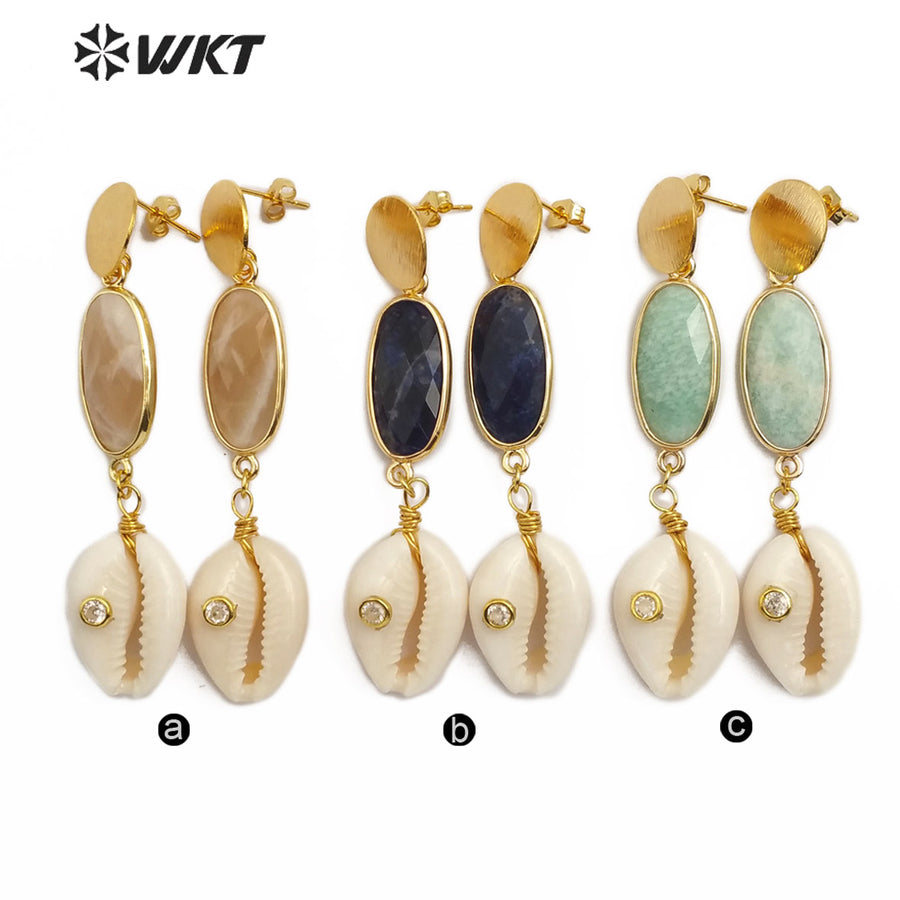 WT-E564 New Design Natural Cowrie Jewelry Long Earrings With Stone and Cowrie Earring Lady Fashion Earrings