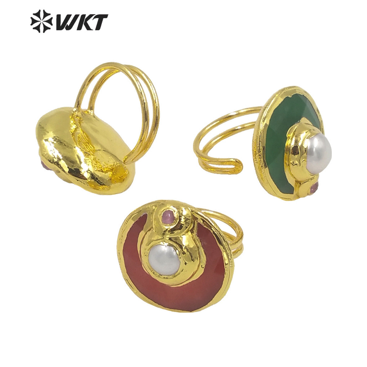 WT-R401 Natural Gemstone Lovely Fashion Cat Eye Ring with Pearl Crystal Colorful Round Ring 18k Gold-plated Women Gemstone Ring