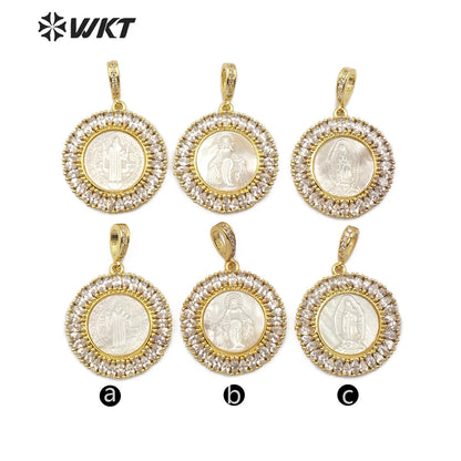 WT-MP115 Hot Sale Jewelry Fashion Virgin Mary Guadalupe Benedict 18K Gold Plated Round Shape Religious CZ Pave Pendant