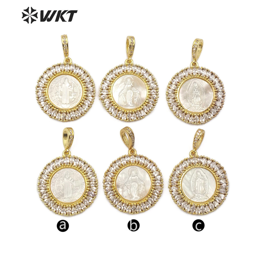 WT-MP115 Hot Sale Jewelry Fashion Virgin Mary Guadalupe Benedict 18K Gold Plated Round Shape Religious CZ Pave Pendant